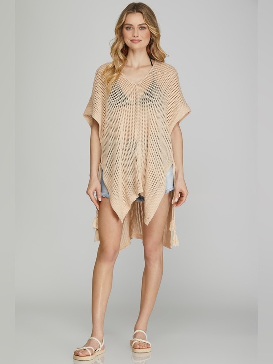 She + Sky Tops - She + Sky Taupe Drop Shoulder Side Tasel Tie Cover Up Tunic Top